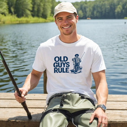 OLD GUYS RULE Fishing Shirt – Funny Retro Angler Tee – Humorous Fisherman Gift – White – Up To 5XL