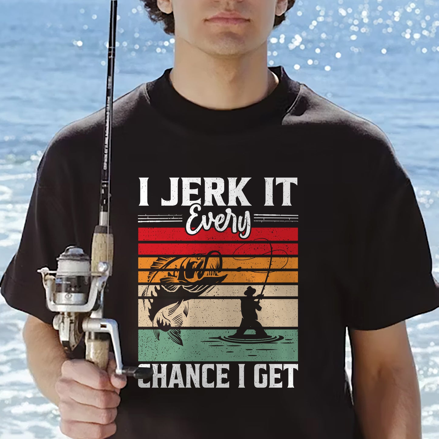 Funny Fishing Shirt – I Jerk It Every Chance I Get Tee – Vintage Angler Humor Gift – Black – Up To 5XL