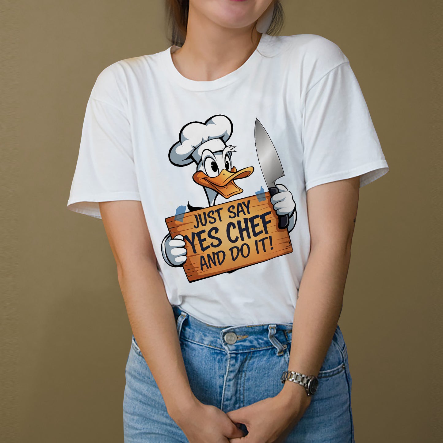 Funny Kitchen Shirt – Just Say Yes Chef and Do It – Angry Duck Meme Tee – White – Up To 5XL
