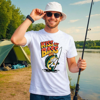Funny Angler Shirt – Kiss My Bass Fishing Joke Tee – Humor Gift for Fishermen – White – Up To 5XL
