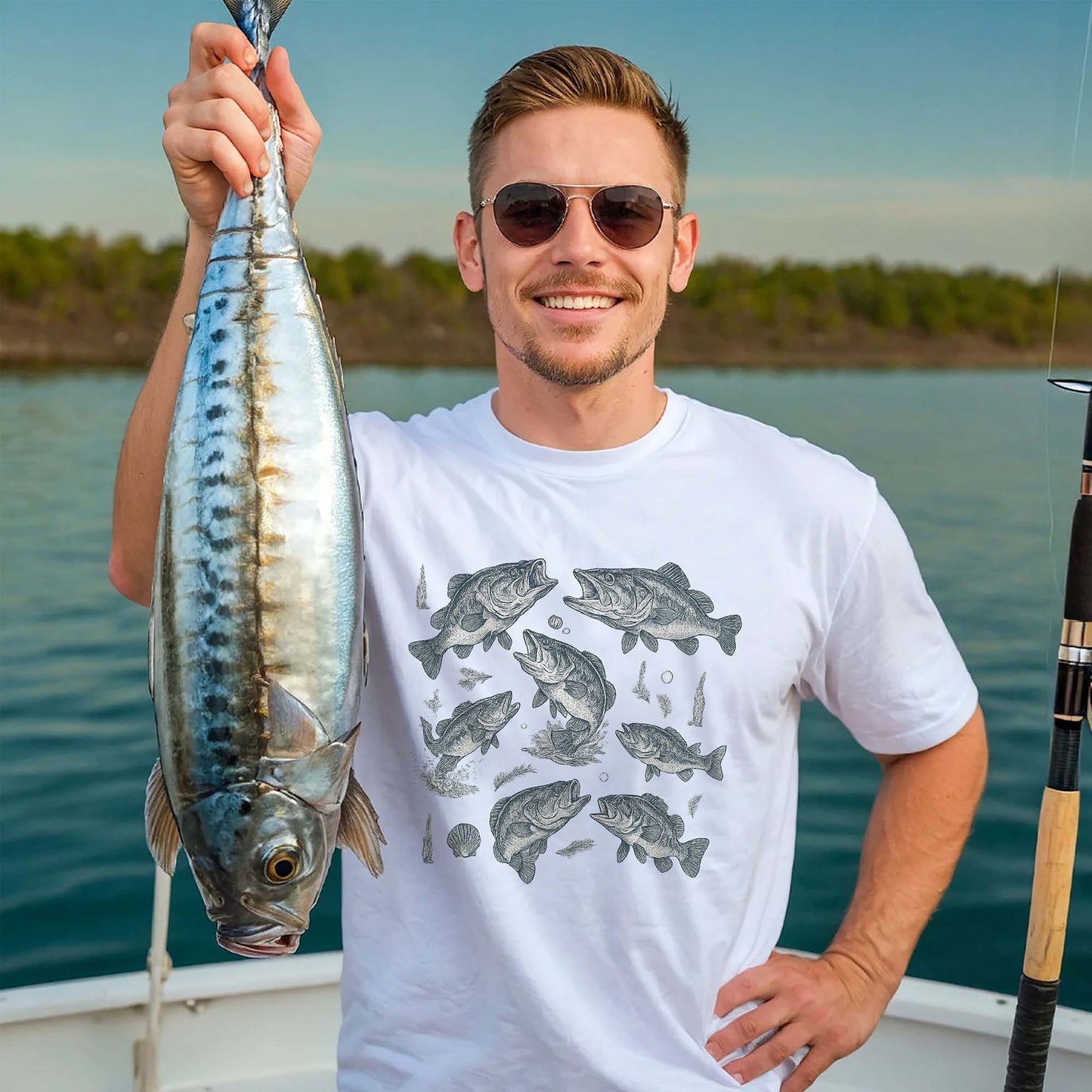 Fishing Shirt – Fish Species Chart Graphic Tee – Educational Angler T-Shirt – White– Up To 5XL