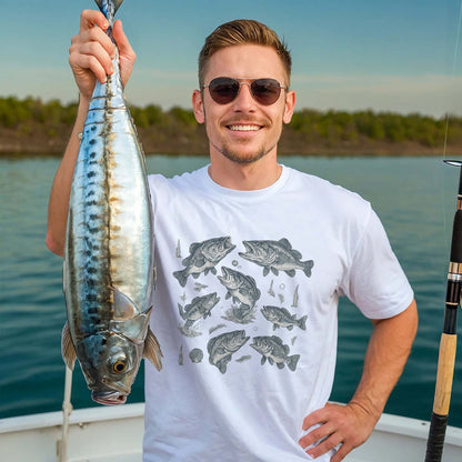 Fishing Shirt – Fish Species Chart Graphic Tee – Educational Angler T-Shirt – White– Up To 5XL