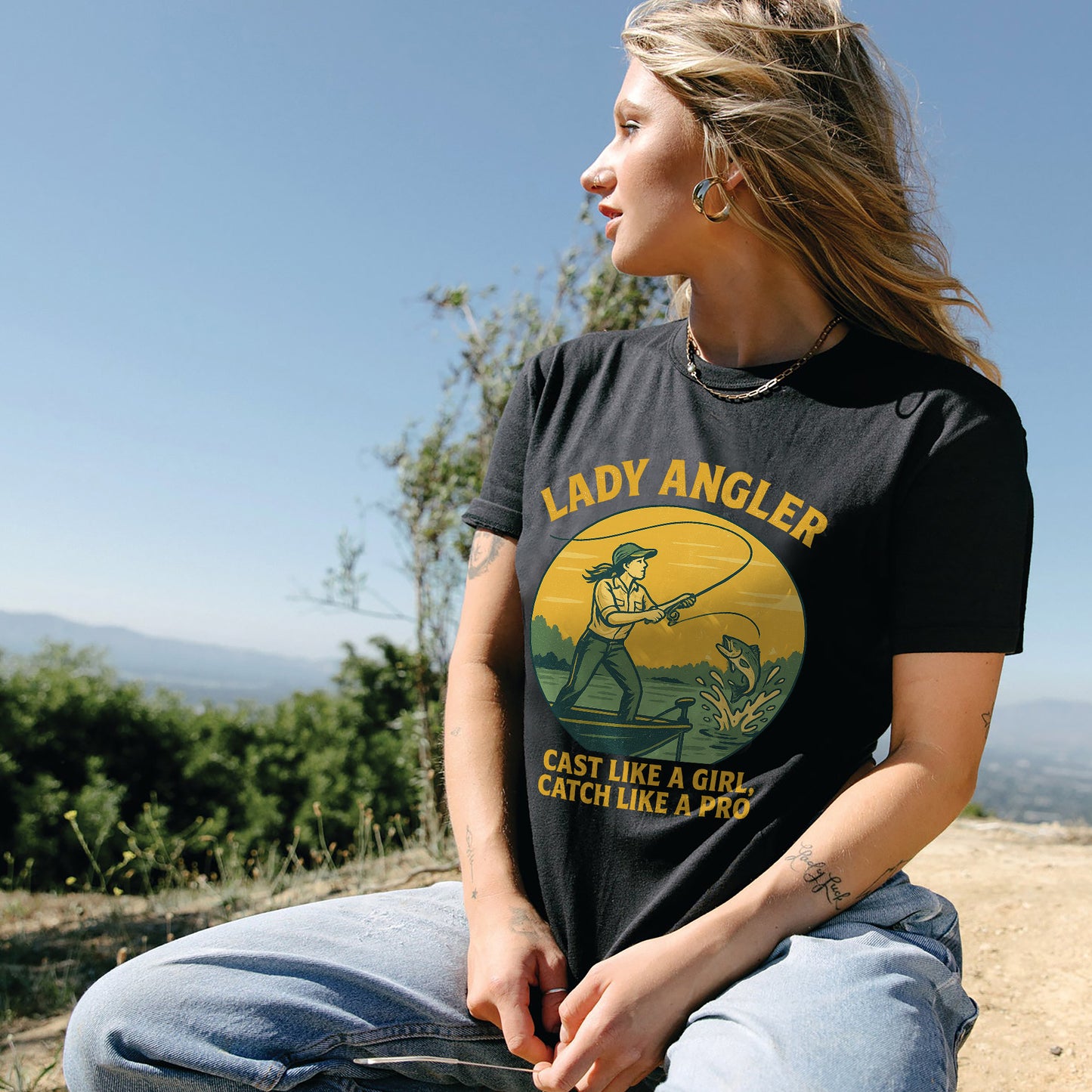 Lady Angler Cast Like A Girl Catch Like A Pro Shirt – Funny Fishing Tee for Girl – Black – Up To 5XL