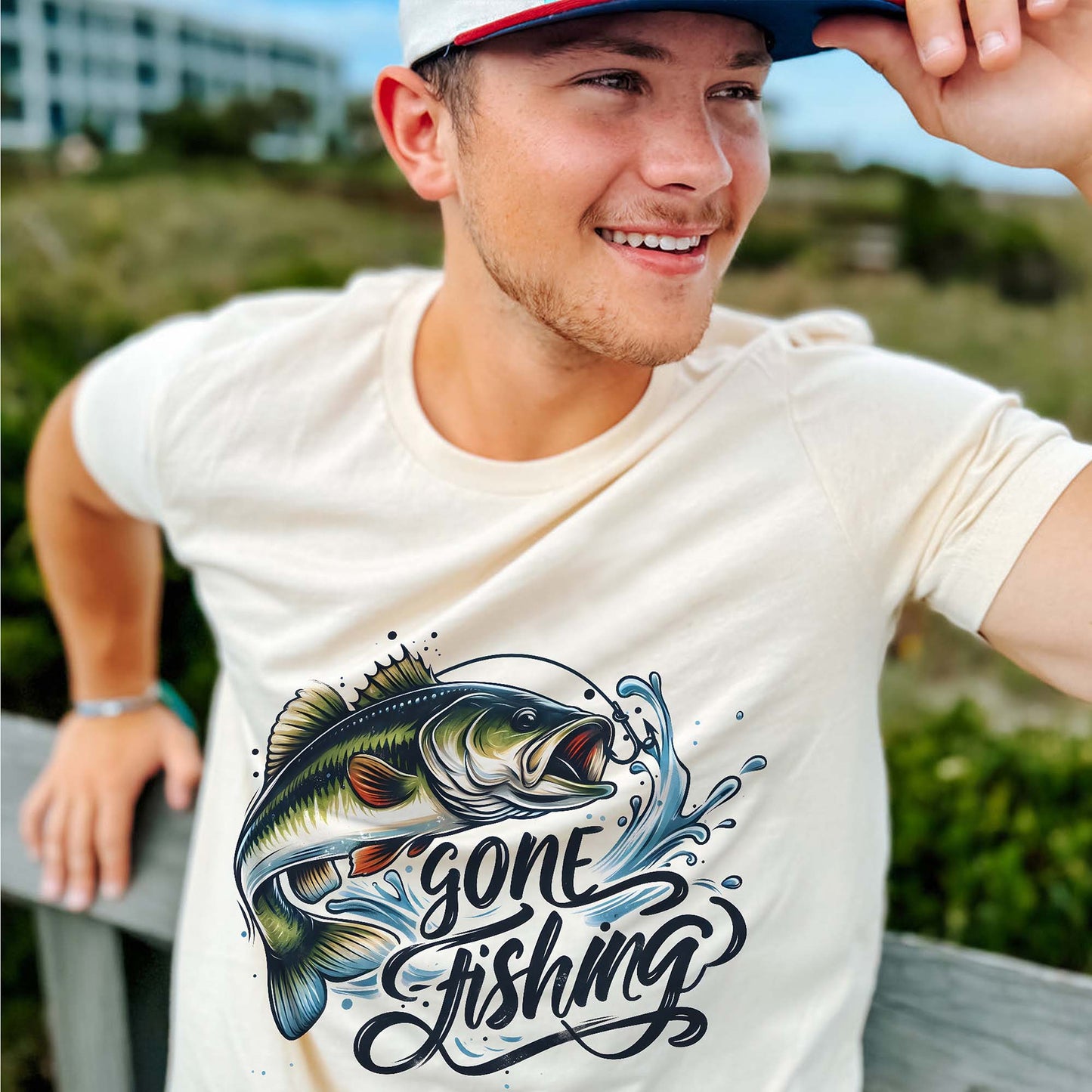 Gone Fishing Shirt – Bass Fish Tee – Angler Gift - Funny Fishing – Natural  – Up To 5XL