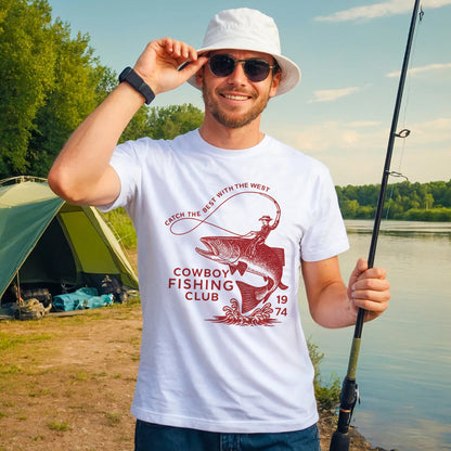 Western Fisherman Tee - Catch The Best With The West Cowboy Fishing Club 1974 Shirt – White – Up To 5XL