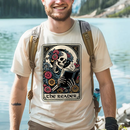 Skeleton Reading Tee – The Reader Card Shirt –  Book Lover Gift – Natural – Up To 5XL