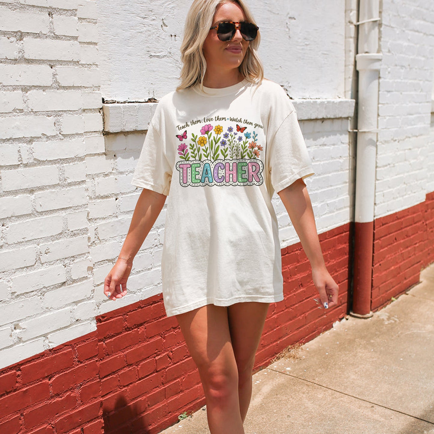 Teach Them Love Them Watch Them Grow Wildflower Inspired Teacher T-Shirt -  Funny Shirt For Teacher - Natural - Up To 5XL