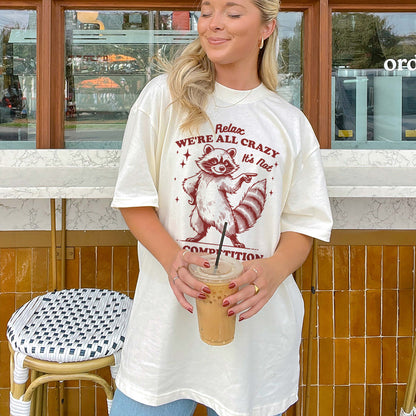 Vintage Sarcastic Humor Shirt for Women – We’re All Crazy Raccoon Tee – Natural - Up To 5XL