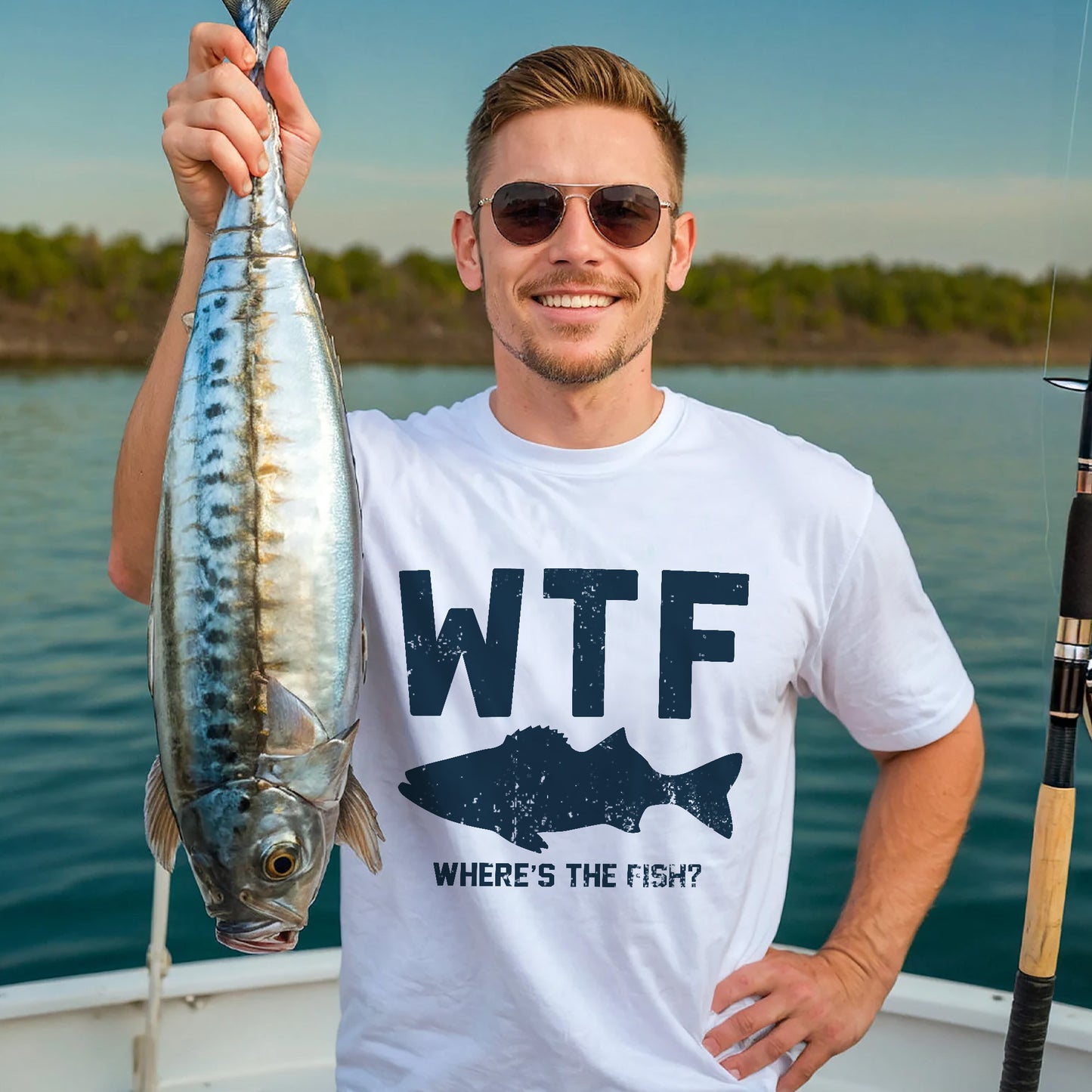 Funny Fishing Shirt – WTF Where's The Fish – Outdoor Humor Fisherman Tee – White – Up To 5XL