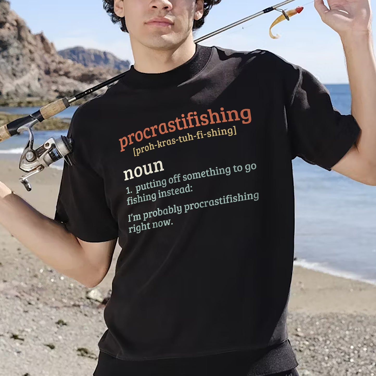 Funny Angler Shirt – Procrastifishing Noun Definition Tee – Vintage Fisherman Humor – Black – Up To 5XL
