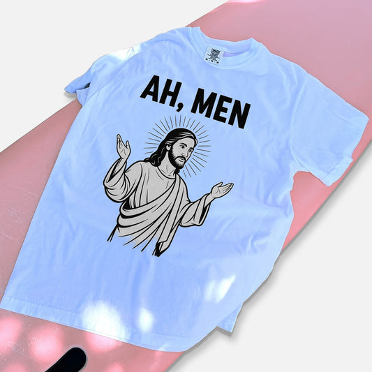 Ah Men – Funny Jesus Wordplay Christian T-Shirt   -  Funny Jesus Shirt For Christians- White- Up To 5XL