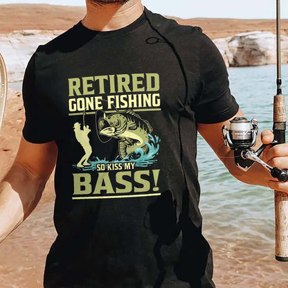 Funny Retirement Fishing Shirt – Retired Gone Fishing So Kiss My Bass Tee – Angler Humor Gift – Black – Up To 5XL