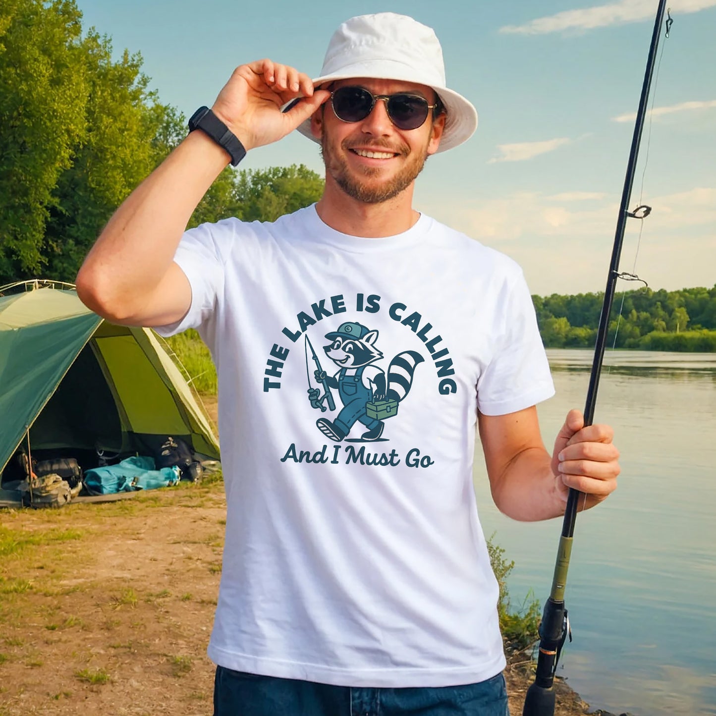 Funny Fishing Tee – The Lake Is Calling And I Must Go –  Fisherman Gift Shirt – White – Up To 5XL