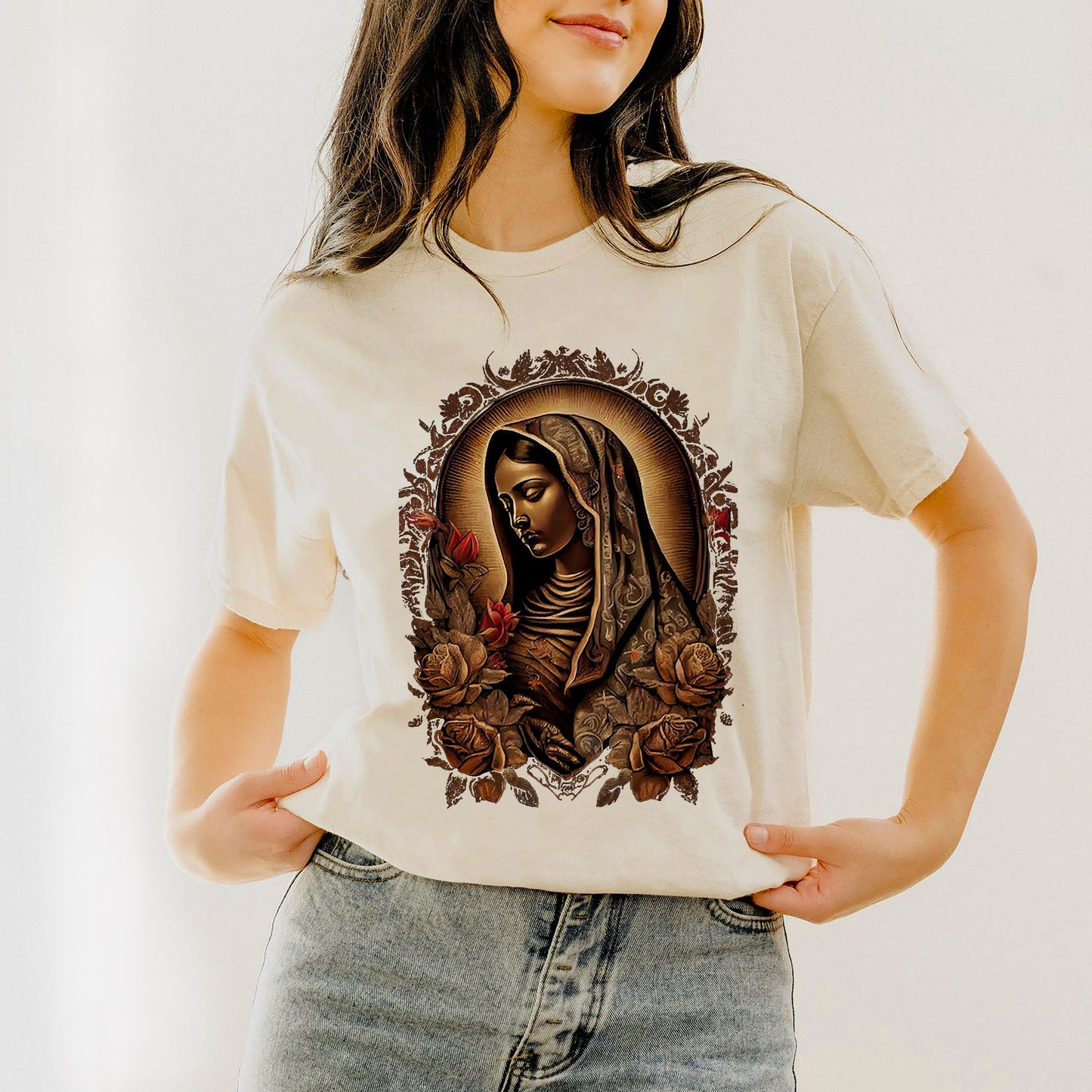 Catholic Devotion Shirt – Beautiful Lady of Guadalupe Mexico – Saint Holy Faith Tee – Natural – Up To 5XL