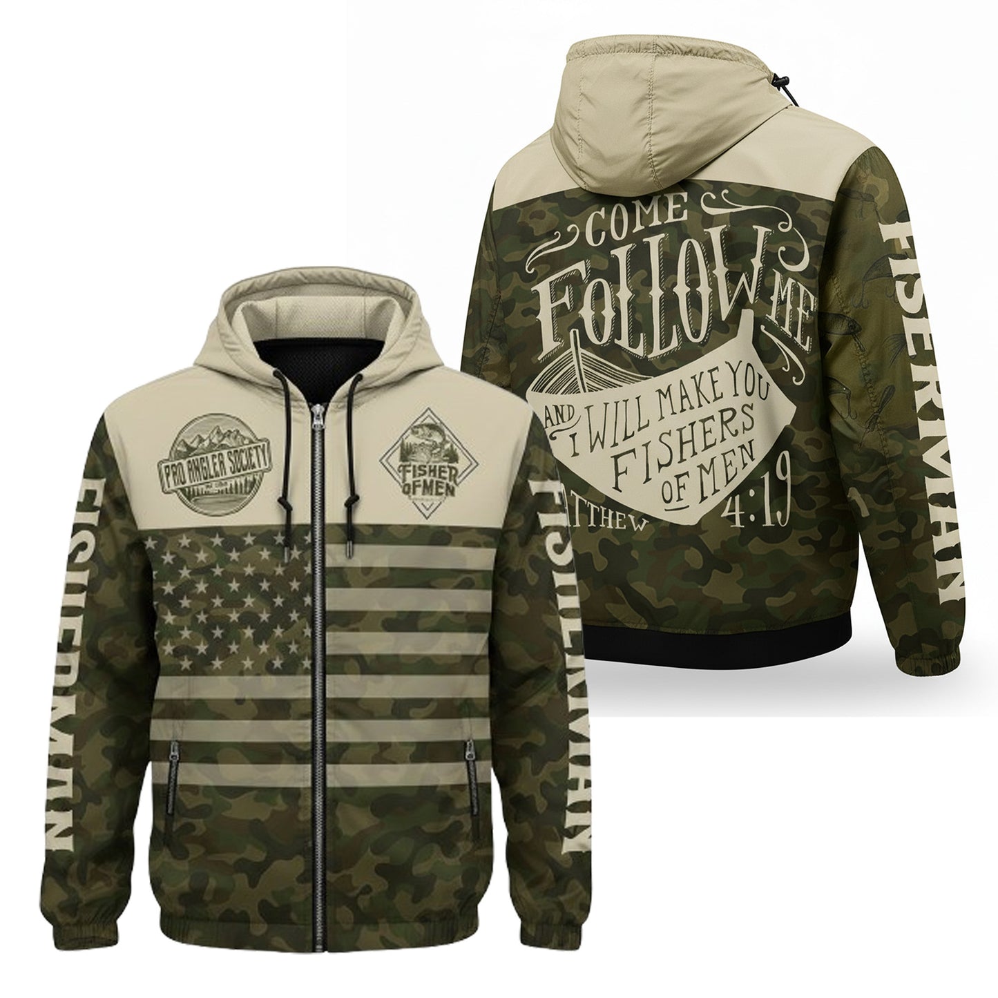 Fisher of Men Christian Camo Windbreaker Jacket – Matthew 4:19 Fishing Faith Outerwear