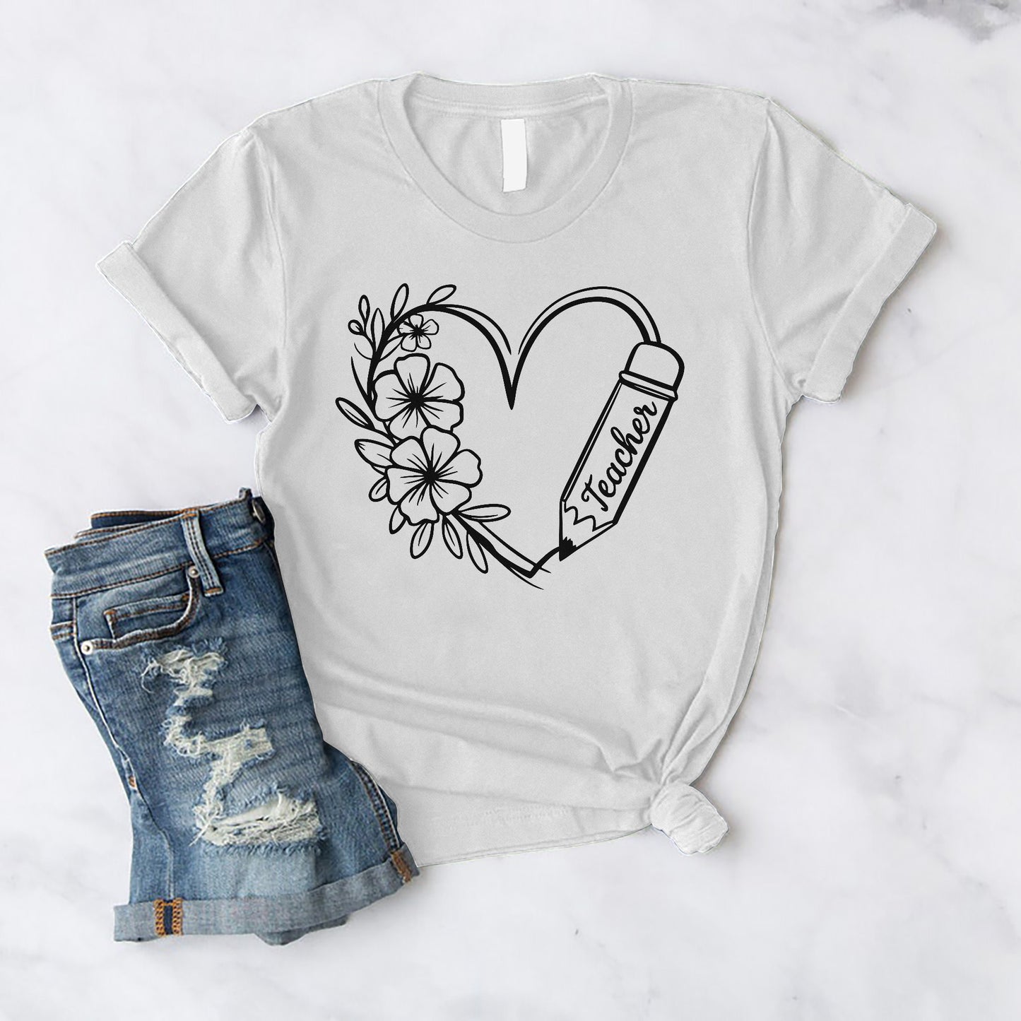 Teacher Floral Heart and Pencil T-Shirt  - Funny Shirt For Teacher - White- Up To 5XL