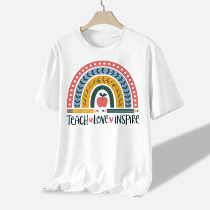 Teach Love Inspire T-Shirt  - Funny Shirt For Teacher - White- Up To 5XL