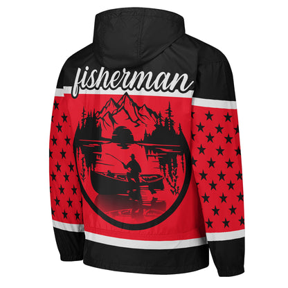 American Fishing Club Windbreaker Jacket – Red & Black Fisherman Edition | Lightweight Hooded Outdoor Jacket for Men