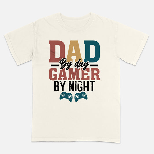 Dad by Day Gamer by Night Shirt – Father's Day Shirt – Soft Cotton Short Sleeve Natural Tee - Up To 5XL