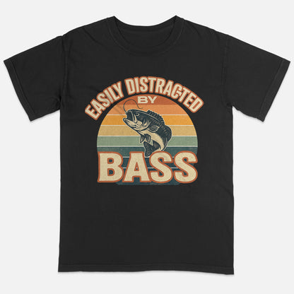 Easily Distracted By Bass T-Shirt – Funny Fishing Tee For Anglers - Black - Up To 5XL
