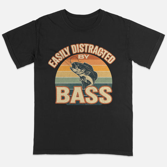 Easily Distracted By Bass T-Shirt – Funny Fishing Tee For Anglers - Black - Up To 5XL