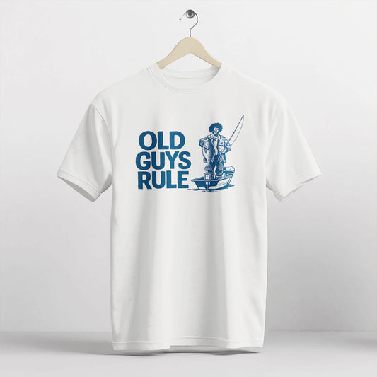 OLD GUYS RULE Fishing Shirt – Funny Retro Angler Tee – Humorous Fisherman Gift – White – Up To 5XL