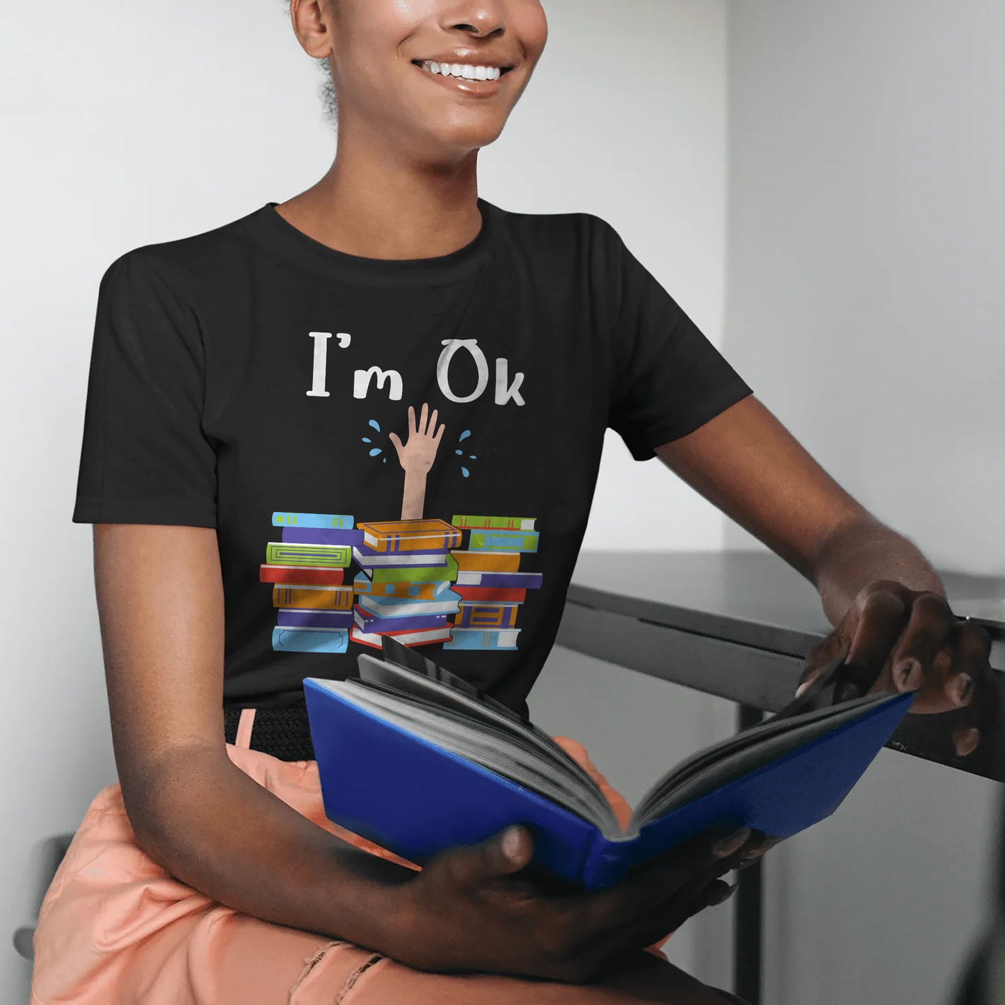 Funny Book Lover Shirt – "I'm OK" National Book Lovers Day Tee – Reading Gift for Bookworms – Black – Up To 5XL