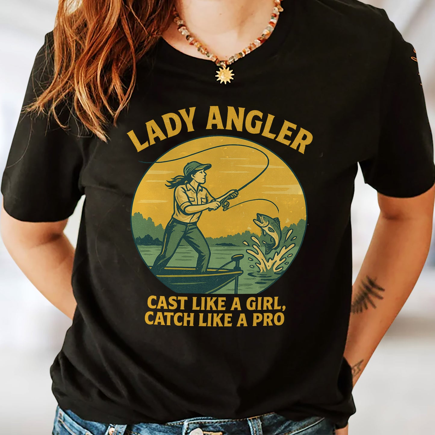 Lady Angler Cast Like A Girl Catch Like A Pro Shirt – Funny Fishing Tee for Girl – Black – Up To 5XL