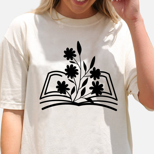 Vintage Reading Book Lover Shirt – Book and Flowers Aesthetic Tee – Natural – Up To 5XL