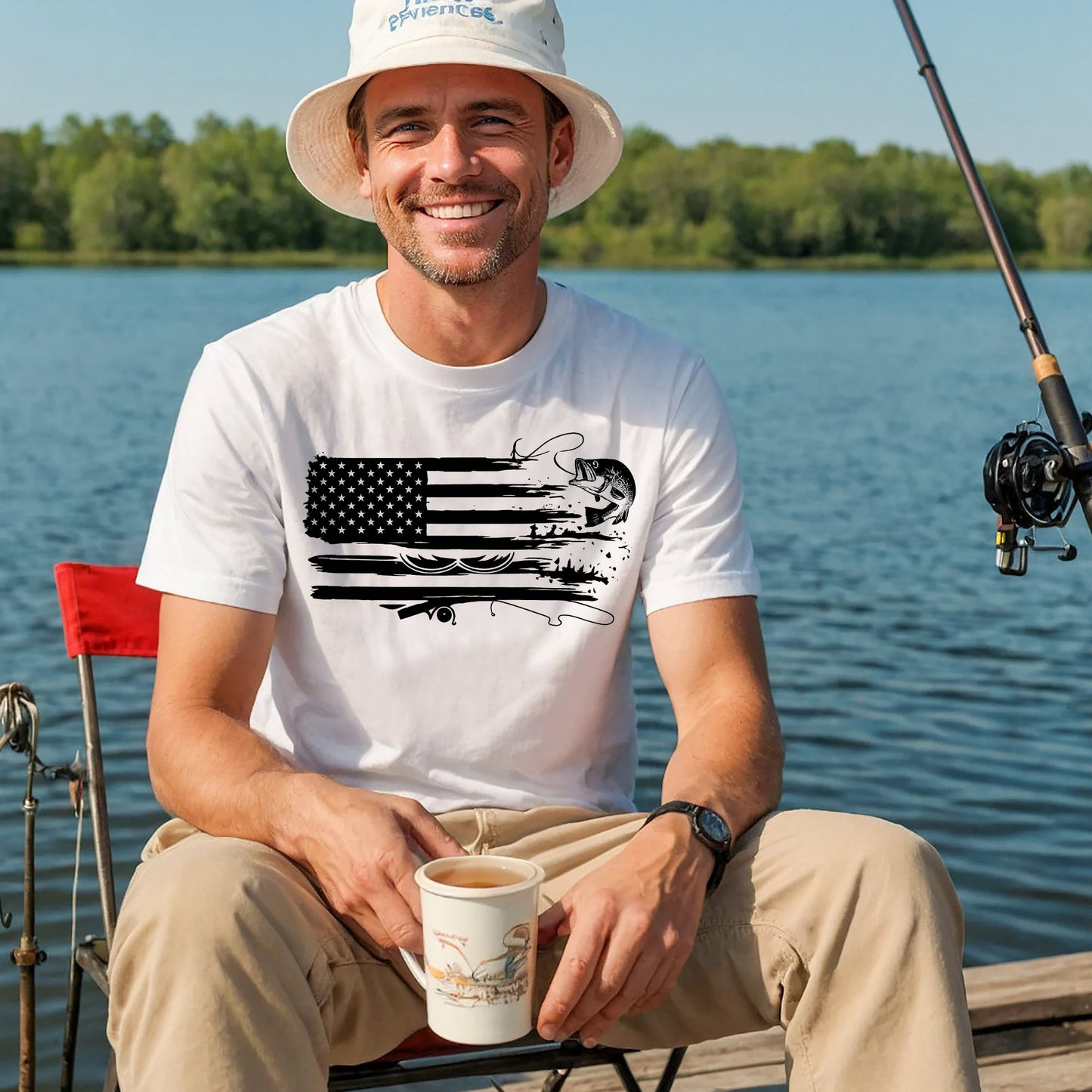 American Fishing Shirt – USA Flag Bass Angler Tee – Patriotic Fishing Gift – White – Up To 5XL