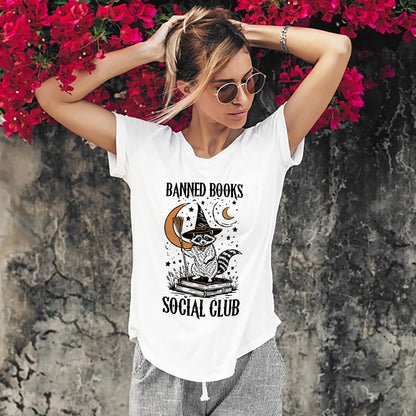 Raccoon Book Club Tee – Vintage Halloween Shirt – Spooky Book Lover Gift – White – Up To 5XL