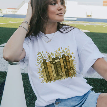 Floral Reading Shirt – Book Lover Flowers Aesthetic Tee – White  – Up To 5XL