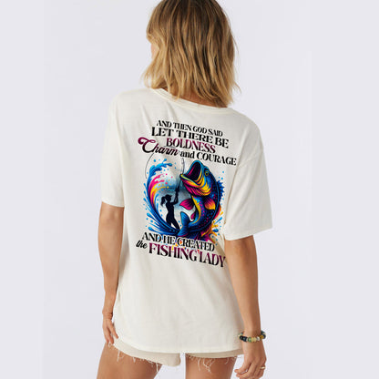 And Then God Said Let There Be Boldness Charm And Courage Shirt – Funny Women’s Fishing Tee – Faith-Based Lady Angler Gift – Natural – Up To 5XL