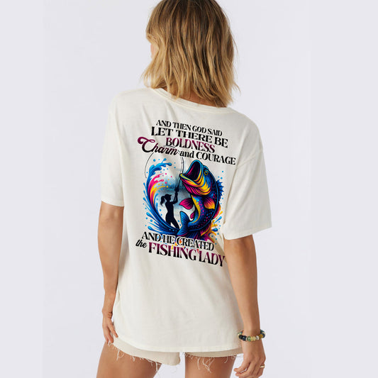 And Then God Said Let There Be Boldness Charm And Courage Shirt – Funny Women’s Fishing Tee – Faith-Based Lady Angler Gift – Natural – Up To 5XL