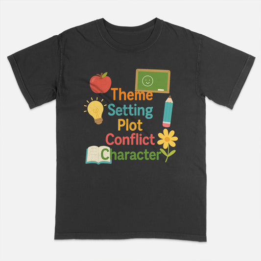 Literary Elements Shirt – Theme Setting Plot Conflict Character Tee – English Teacher Gift – Black – Up To 5XL