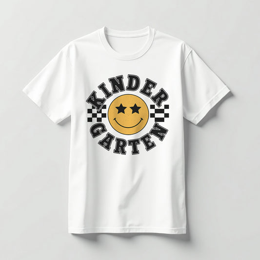Kindergarten Smiley Face Shirt – Happy Back To School Tee – Cute Teacher Student Outfit – White – Up To 5XL
