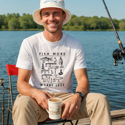 Funny Fishing Tee – Life Is Good Fish More Worry Less Hooks and Tackle Shirt – Fisherman Idea Gift – White – Up To 5XL