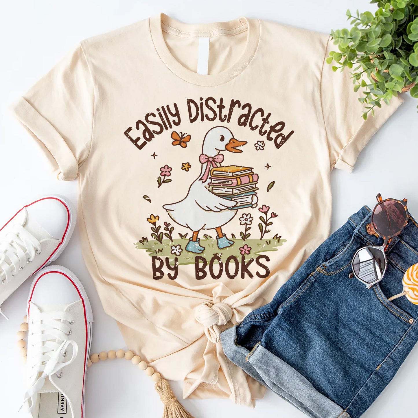 Funny Retro Duck Meme Tee - Easily Distracted By Books Shirt – Natural – Up To 5XL