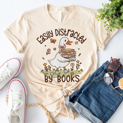 Funny Retro Duck Meme Tee - Easily Distracted By Books Shirt – Natural – Up To 5XL