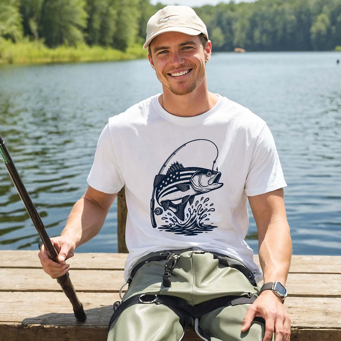 USA Flag Bass Fishing Shirt – Patriotic Angler Tee – American Flag Fisherman Graphic – White – Up To 5XL