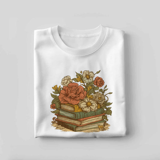 Aesthetic Bookish Tee - Cute Book Flowers Shirt – Book Lover Floral Gift – White – Up To 5XL