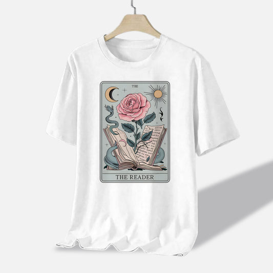 Floral Snake Reading Tee – The Reader Tarot Shirt – Retro Bookish Witchy Gift – White – Up To 5XL