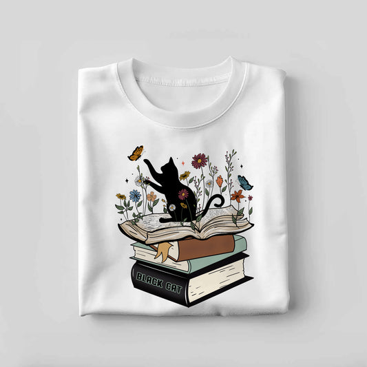 Cat Lover Gift Tee – Black Cat on Book Funny Shirt – Bookish Humor Reading T-Shirt – White – Up To 5XL