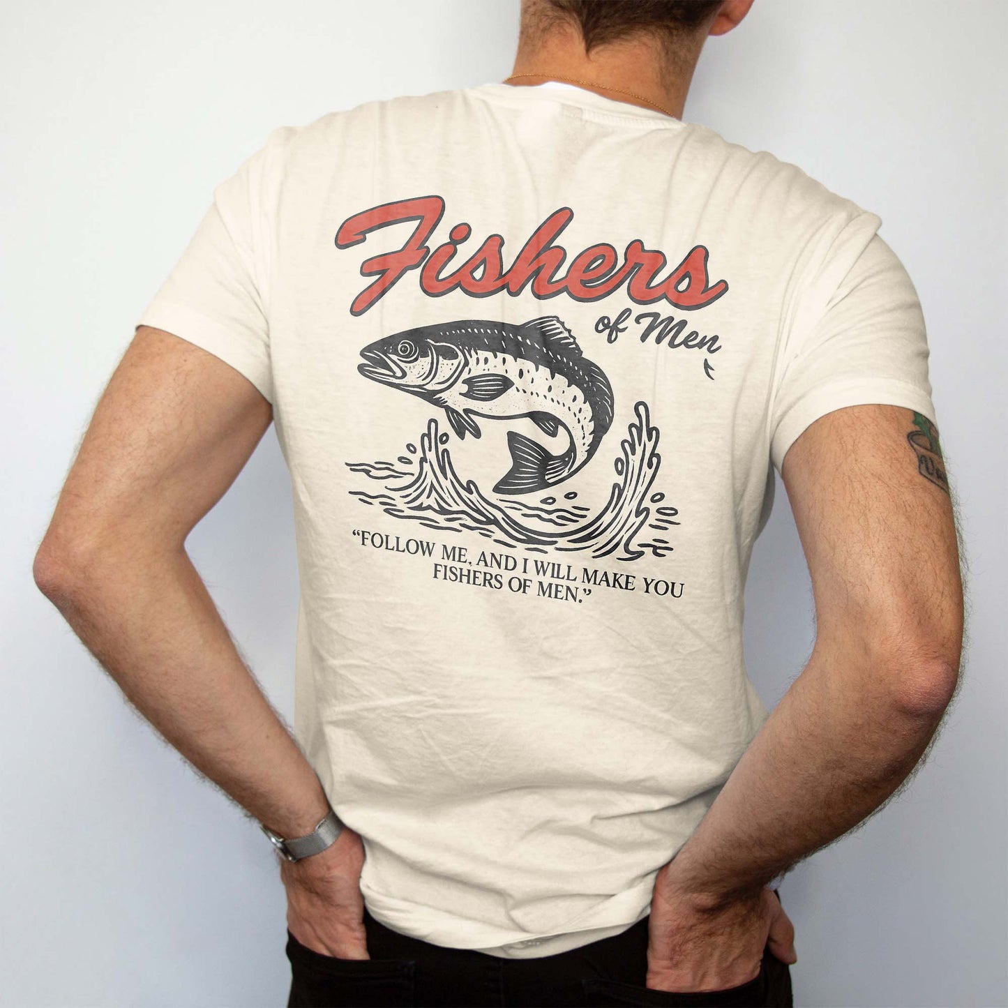 Fishers of Men Shirt – Faith-Based Christian Fishing Tee – Matthew 4:19 Shirt – Natural – Up To 5XL
