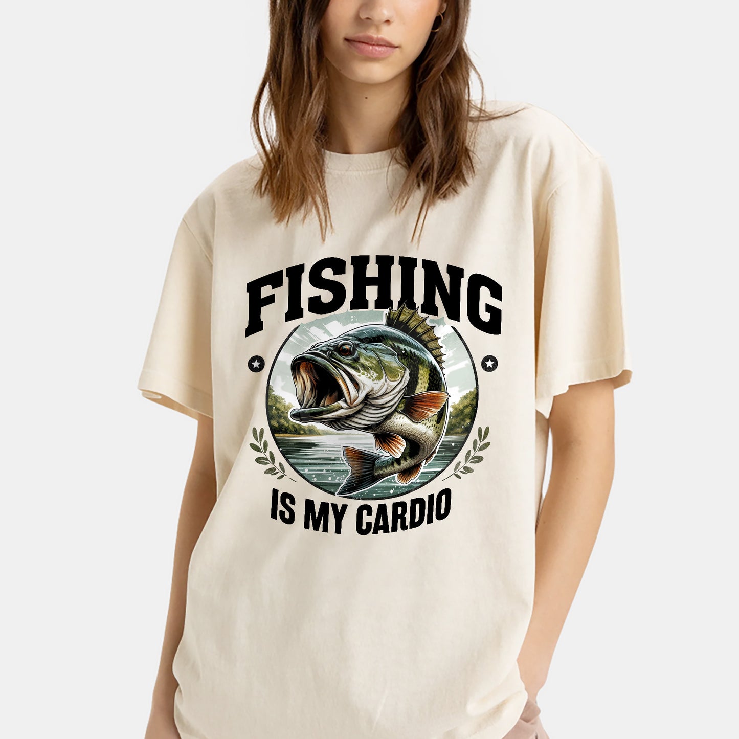 Fishing Is My Cardio Shirt – Funny Women’s Fishing Tee – Lady Angler Humor Gift – Natural – Up To 5XL