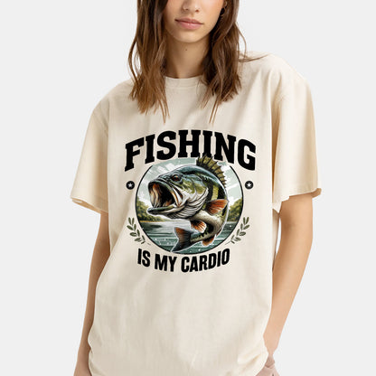 Fishing Is My Cardio Shirt – Funny Women’s Fishing Tee – Lady Angler Humor Gift – Natural – Up To 5XL