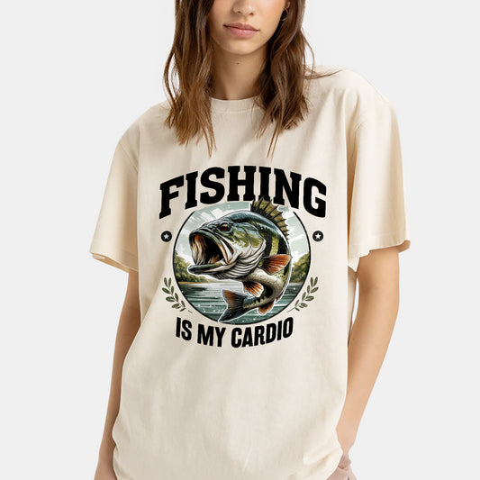 Fishing Is My Cardio Shirt – Funny Women’s Fishing Tee – Lady Angler Humor Gift – Natural – Up To 5XL
