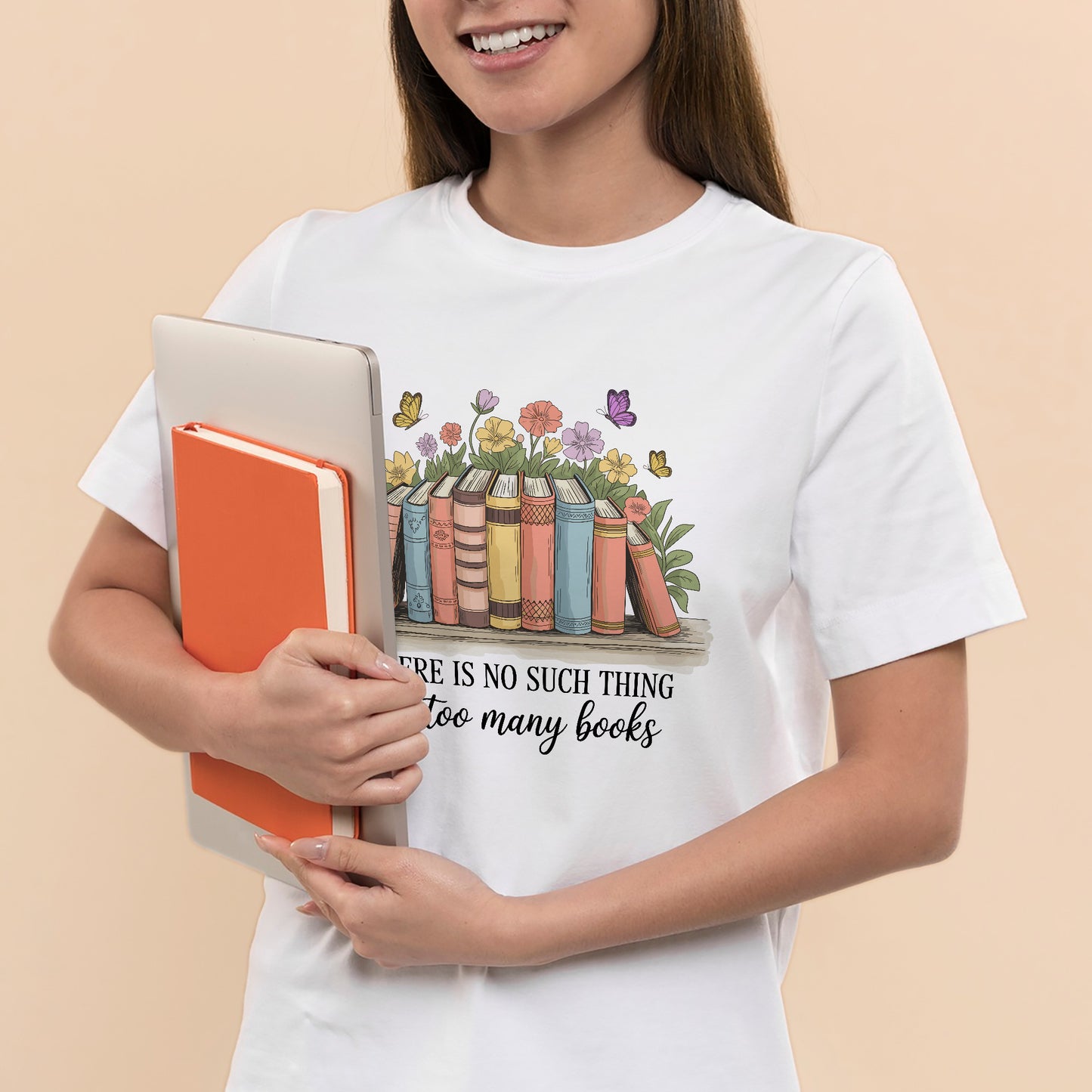 Floral Book Lover Tee – Too Many Books Shirt – Funny Gift for Reading – White – Up To 5XL