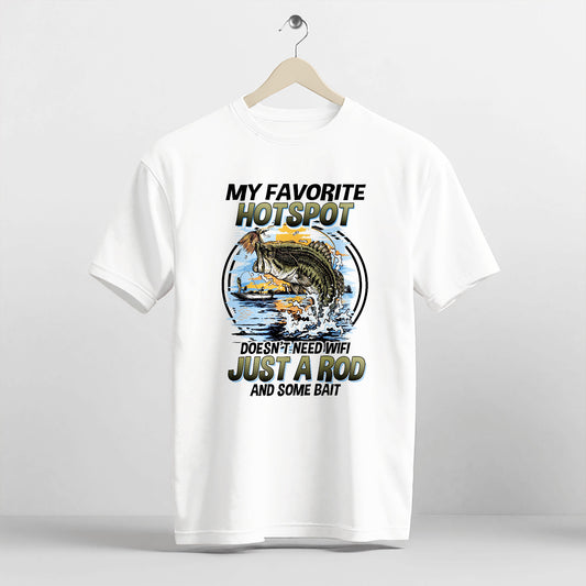Fishing Humor Shirt – Favorite Hotspot No WiFi Rod and Bait Tee – Funny Fisherman Tee – White – Up To 5XL