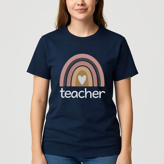 Boho Rainbow Teacher T-Shirt – Funny Teacher T Shirts– Navy - Up To 5XL